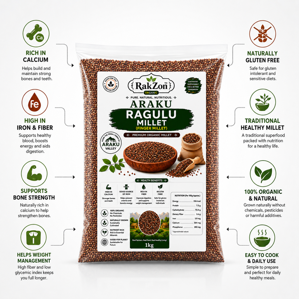 RakZon Organic Ragulu Millet 1Kg (Finger Millet / Ragi) from Araku Valley | Natural Unpolished Ragi Grain | Rich in Calcium, Fiber & Iron | Healthy Traditional Millet