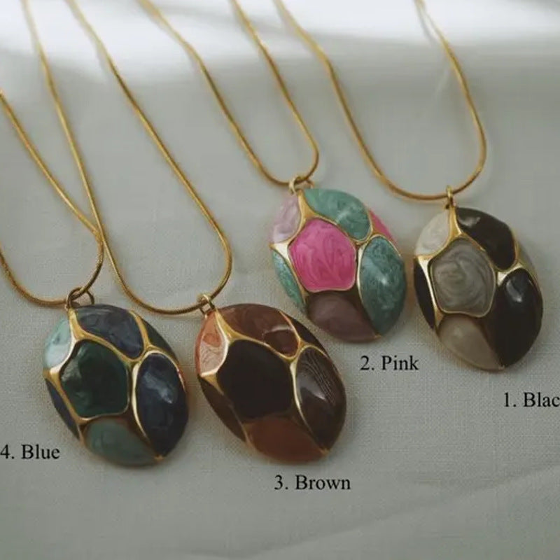 18k Gold-plated Clavicle Chain With A Stainless Steel Oil-drop Oval Pendant