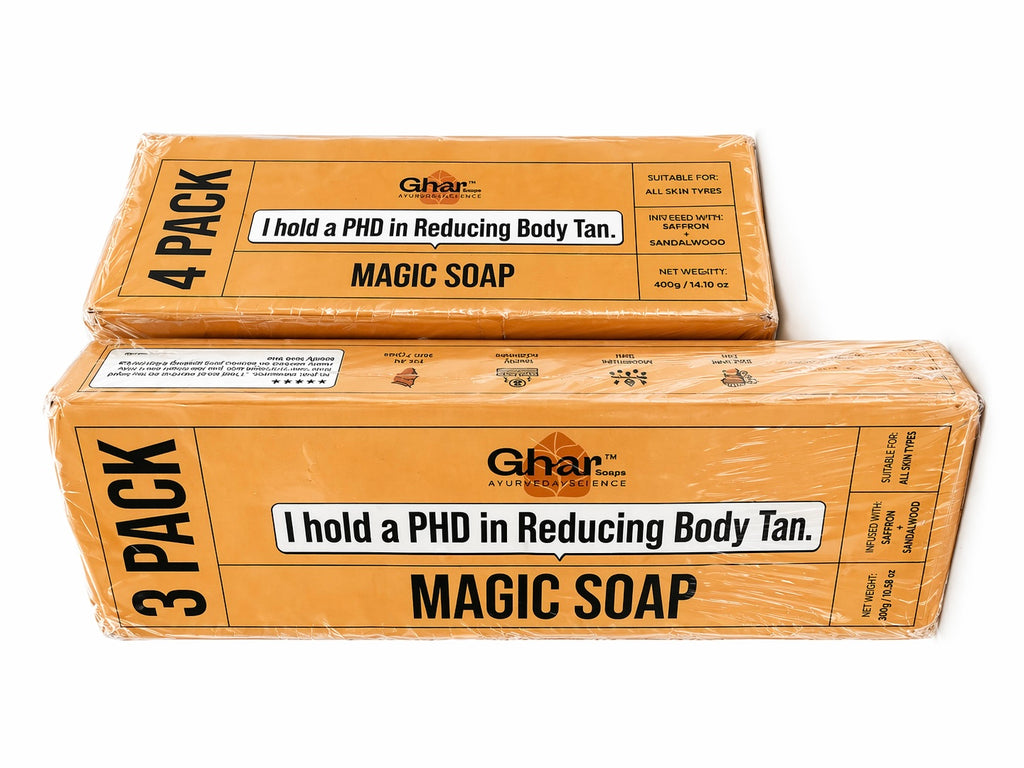 Ghar Magic Soaps Sandalwood & Saffron Magic Soaps For Bath ( Pack Of 3) 300 Gms | Paraben Free | Chandan & Kesar Bath Soap | Handmade Soaps For Glowing | Skin Brightening Soap For Men & Women