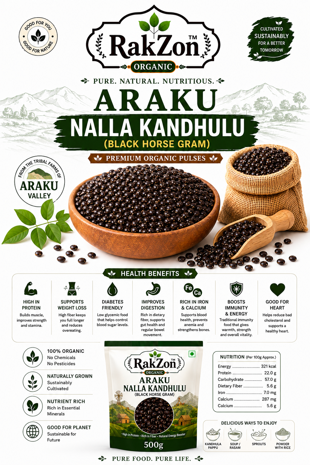 RAKZON Organic Nalla Kandhulu | Premium Black Horse Gram | Natural, Unpolished & Protein Rich | Direct From Araku Farmers