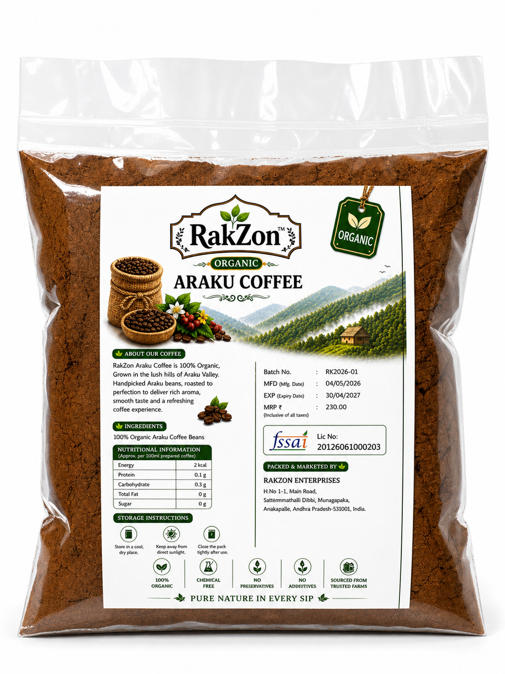 RakZon Organic Araku Coffee Powder – 100% Pure & Natural, Farm-Fresh, Directly Sourced from Araku Valley Farmers