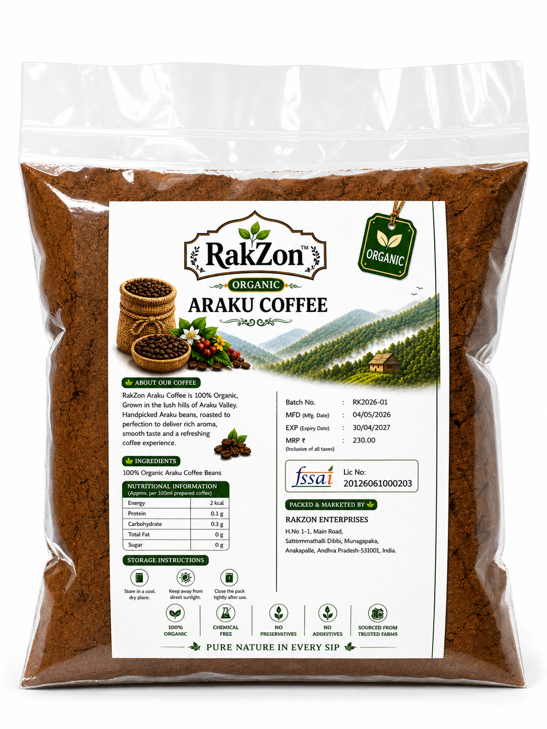 RakZon Organic Araku Coffee Powder – 100% Pure & Natural, Farm-Fresh, Directly Sourced from Araku Valley Farmers