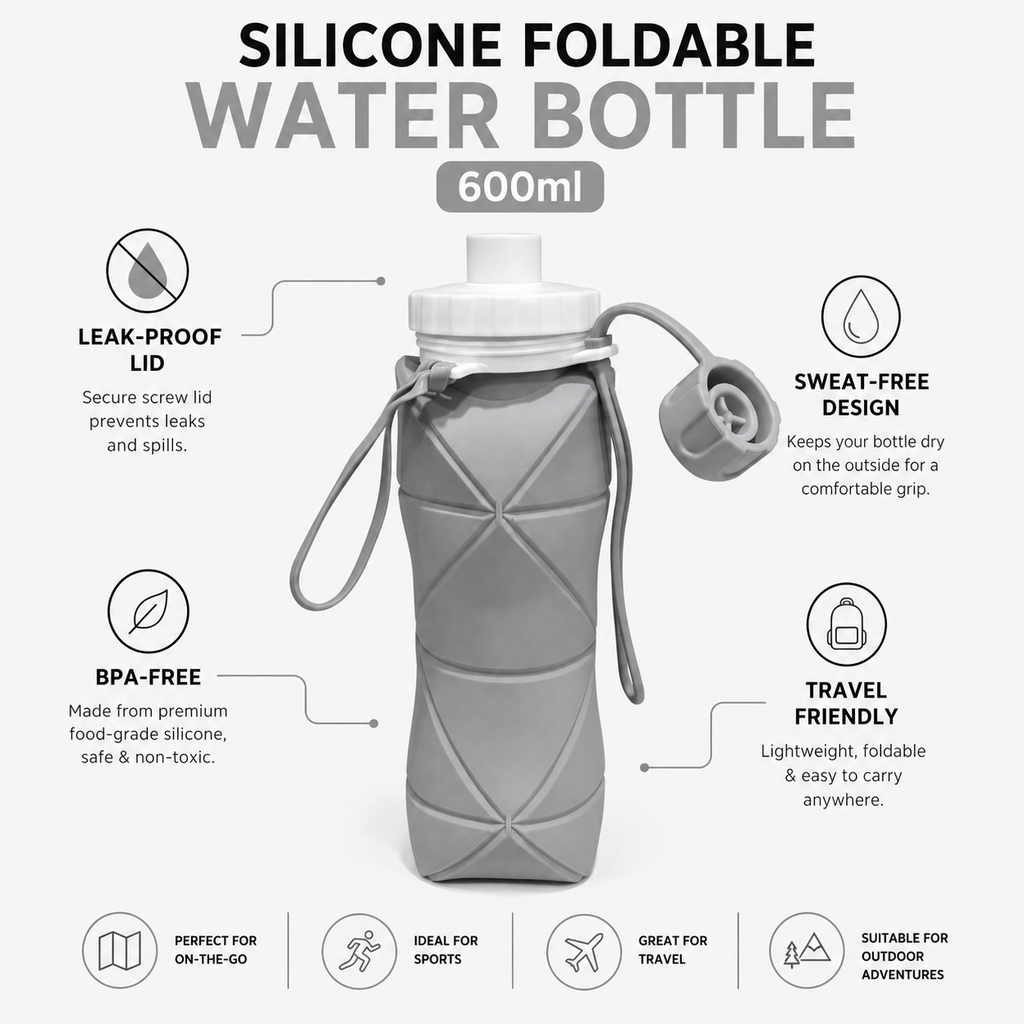 RAKZON Foldable Silicone Water Bottle 600ml | Collapsible Travel Bottle | Leakproof BPA-Free | Wide Mouth | Portable for Gym, Cycling, Camping & Office | Multicolor