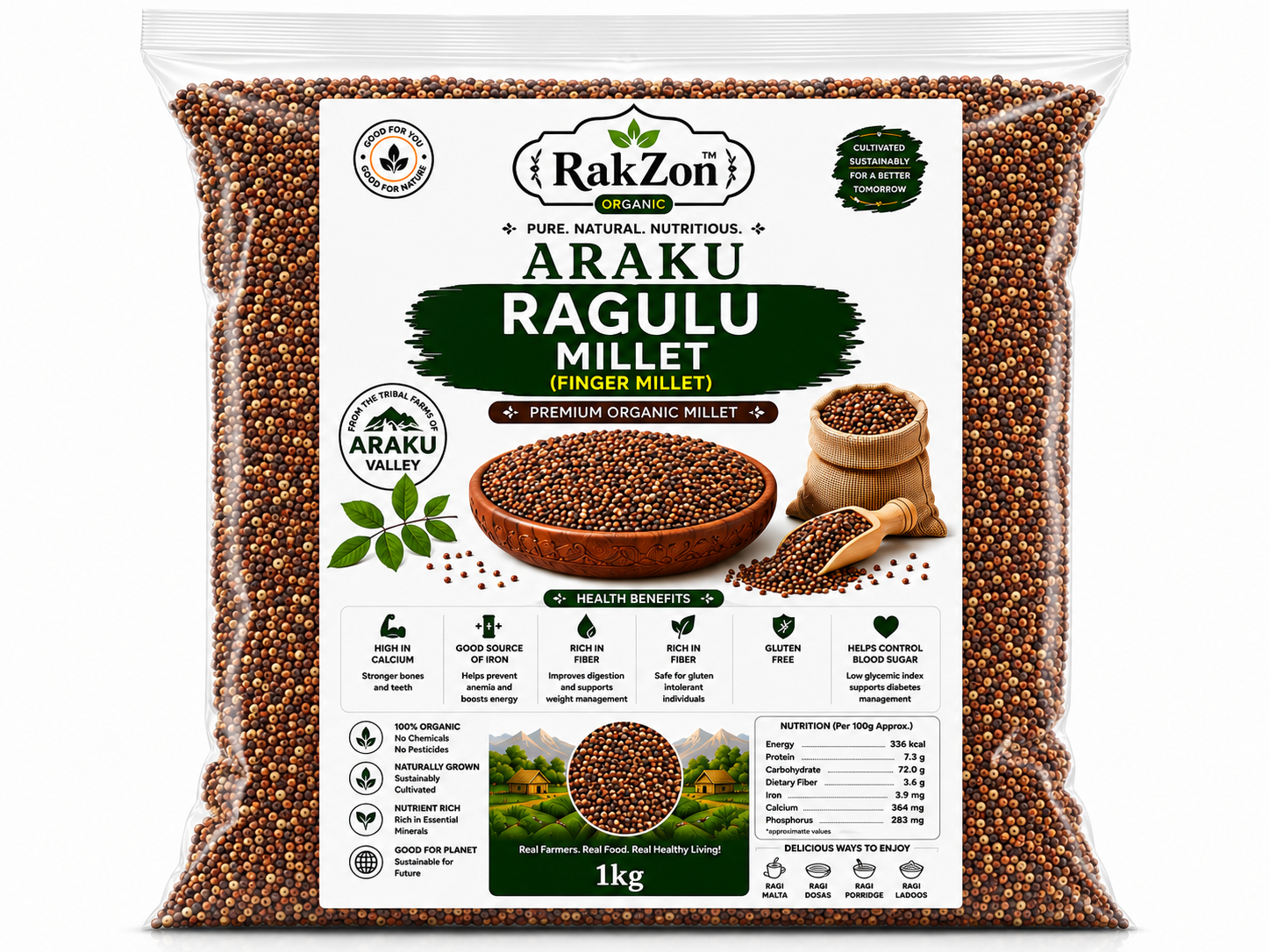 RakZon Organic Ragulu Millet 1Kg (Finger Millet / Ragi) from Araku Valley | Natural Unpolished Ragi Grain | Rich in Calcium, Fiber & Iron | Healthy Traditional Millet