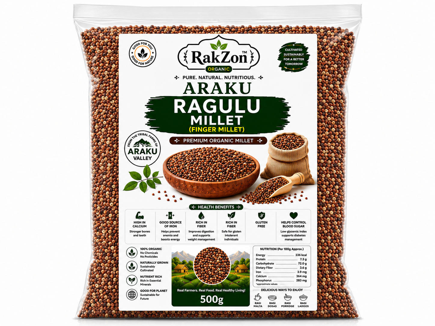 RakZon Organic Ragulu Millet 1Kg (Finger Millet / Ragi) from Araku Valley | Natural Unpolished Ragi Grain | Rich in Calcium, Fiber & Iron | Healthy Traditional Millet