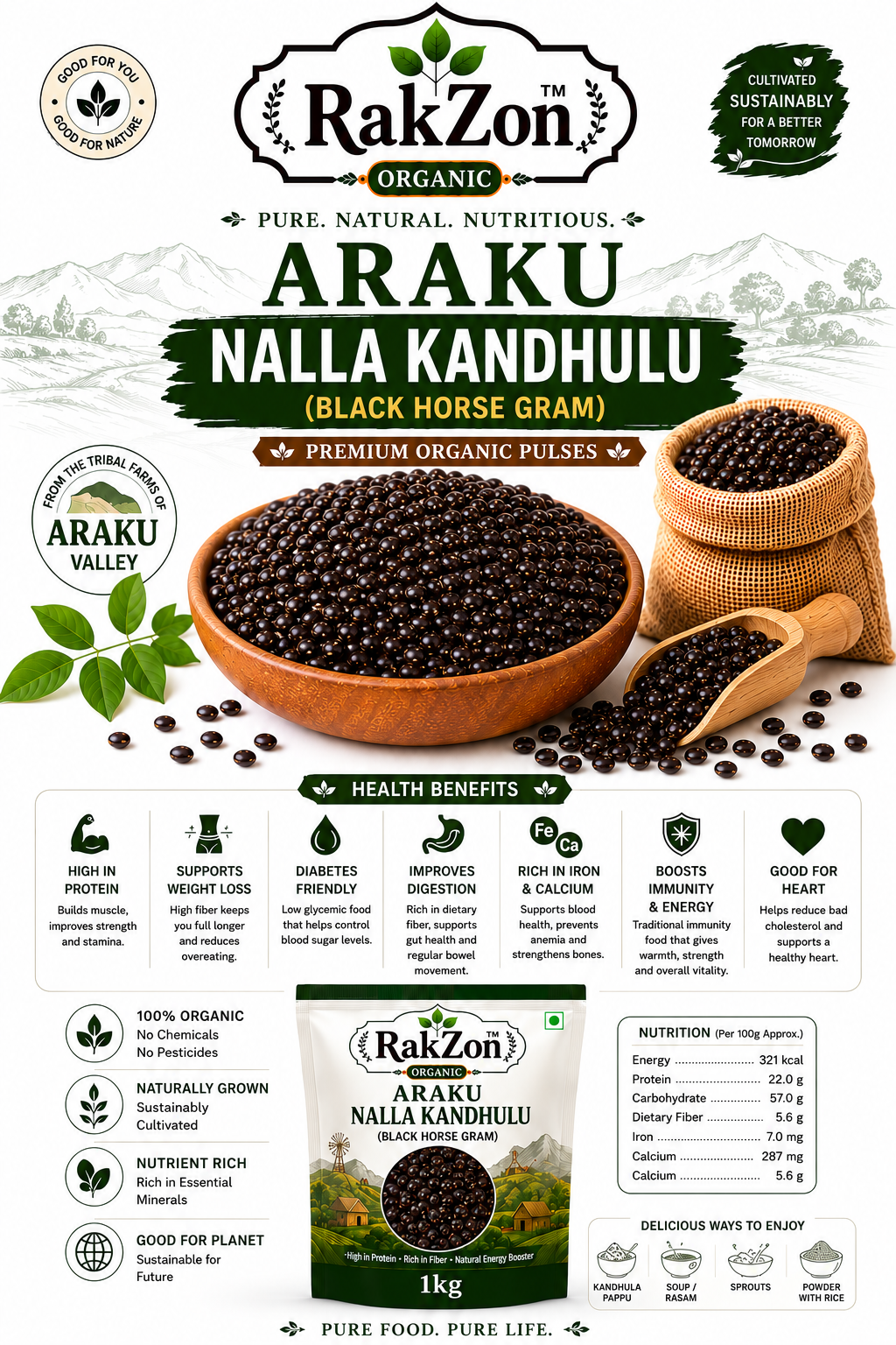 RAKZON Organic Nalla Kandhulu | Premium Black Horse Gram | Natural, Unpolished & Protein Rich | Direct From Araku Farmers