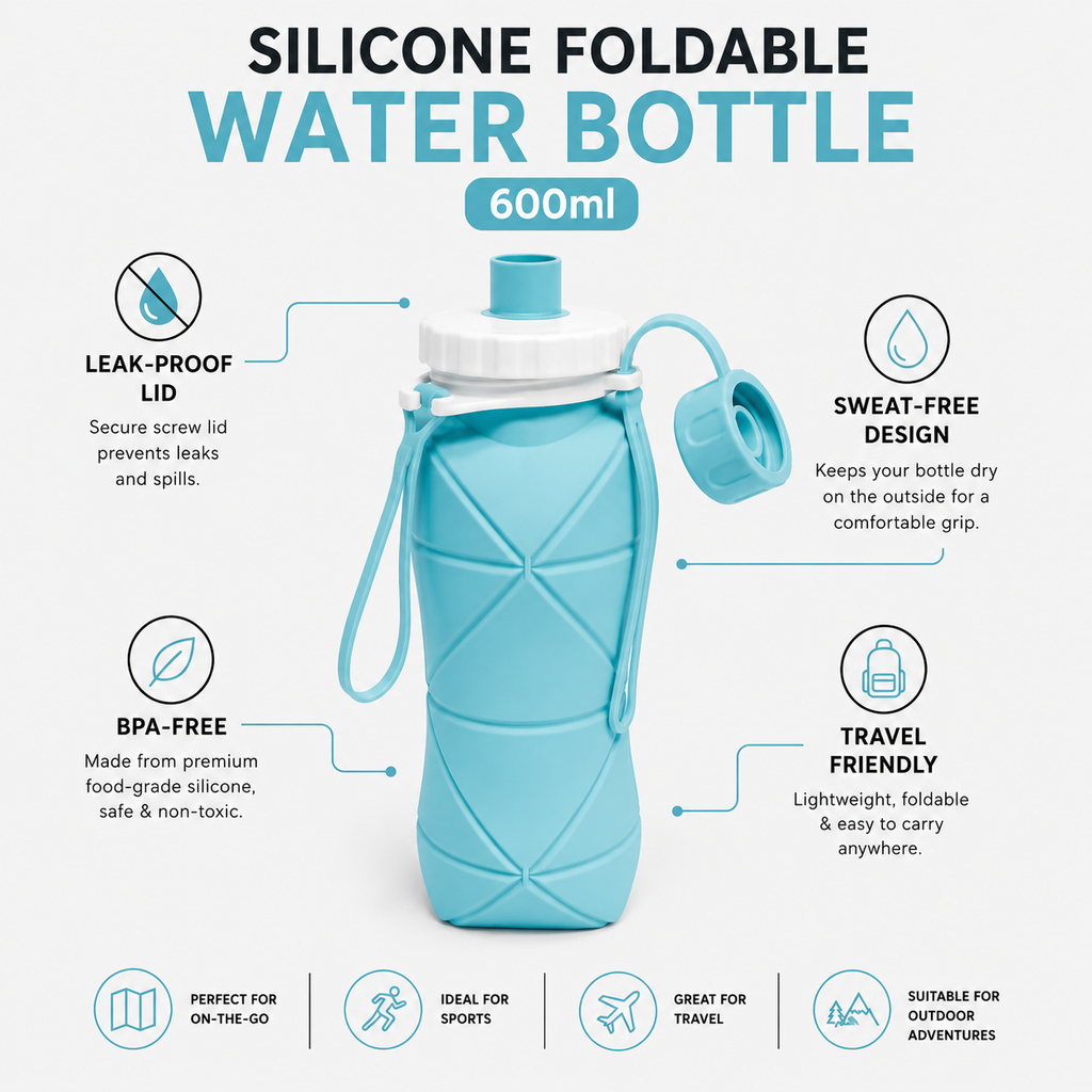 RAKZON Foldable Silicone Water Bottle 600ml | Collapsible Travel Bottle | Leakproof BPA-Free | Wide Mouth | Portable for Gym, Cycling, Camping & Office | Multicolor
