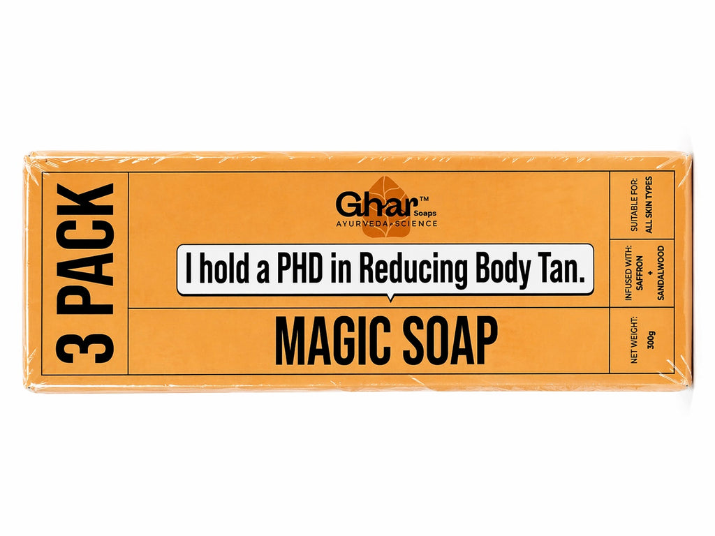 Ghar Magic Soaps Sandalwood & Saffron Magic Soaps For Bath ( Pack Of 3) 300 Gms | Paraben Free | Chandan & Kesar Bath Soap | Handmade Soaps For Glowing | Skin Brightening Soap For Men & Women