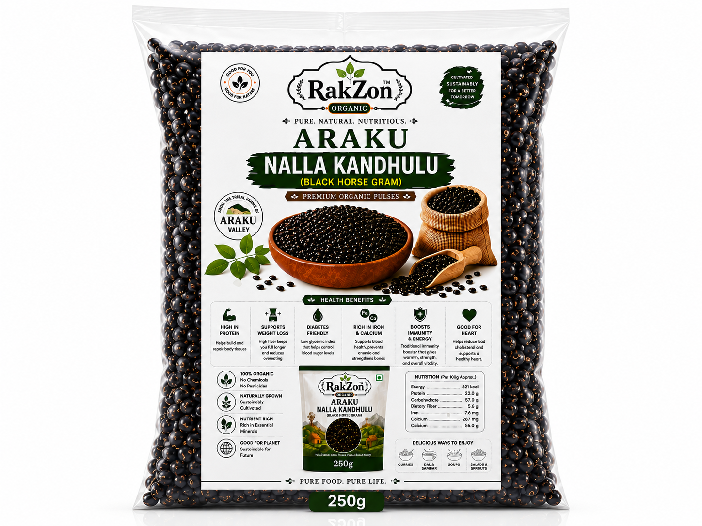 RAKZON Organic Nalla Kandhulu | Premium Black Horse Gram | Natural, Unpolished & Protein Rich | Direct From Araku Farmers
