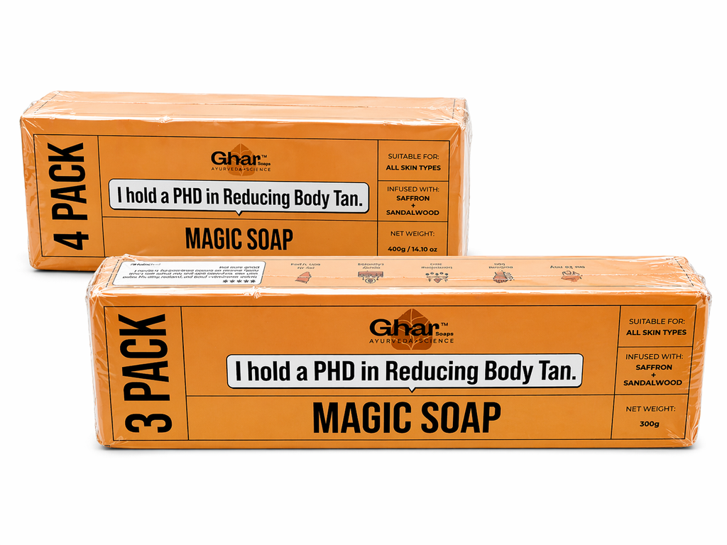 Ghar Magic Soaps Sandalwood & Saffron Magic Soaps For Bath ( Pack Of 3) 300 Gms | Paraben Free | Chandan & Kesar Bath Soap | Handmade Soaps For Glowing | Skin Brightening Soap For Men & Women