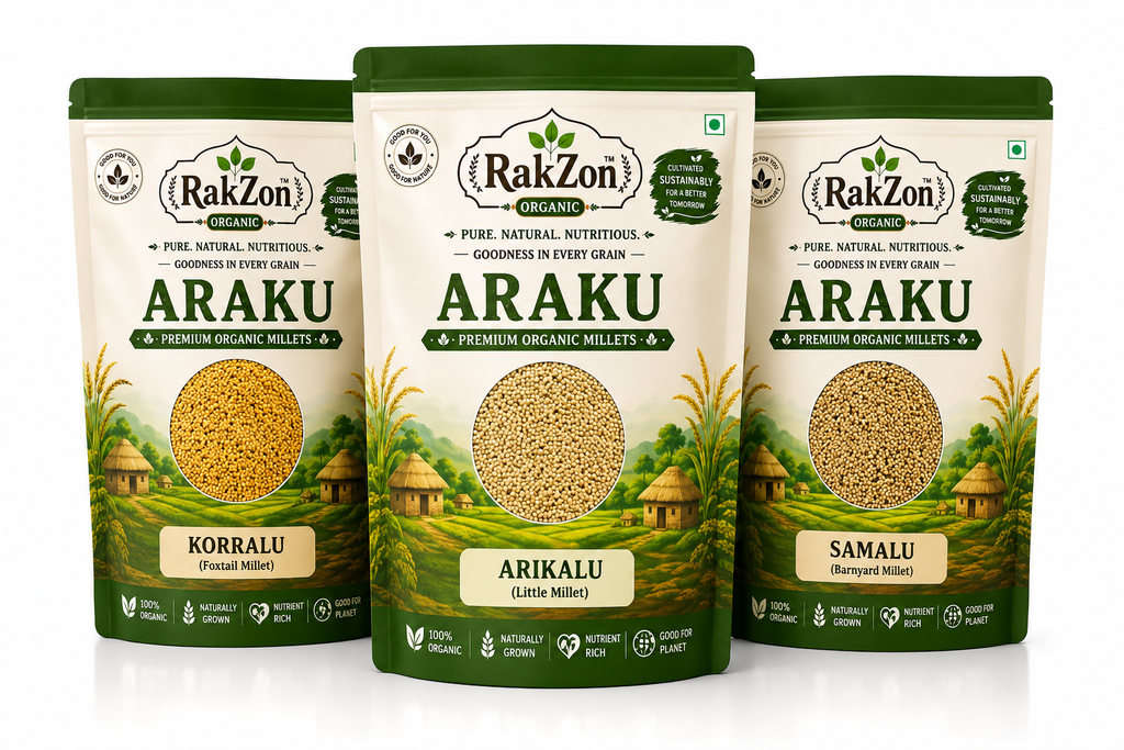 RakZon Organic Millets Combo Pack – Korralu, Arikalu & Saamalu | Natural Araku Valley Millets | Healthy Fiber Rich Traditional Grains | No Preservatives | Combo Pack of 3