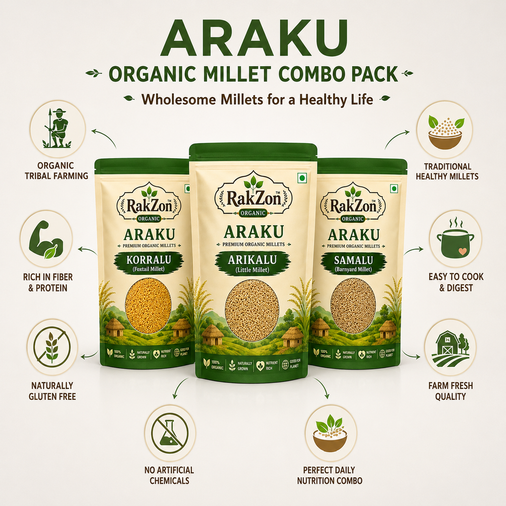 RakZon Organic Millets Combo Pack – Korralu, Arikalu & Saamalu | Natural Araku Valley Millets | Healthy Fiber Rich Traditional Grains | No Preservatives | Combo Pack of 3