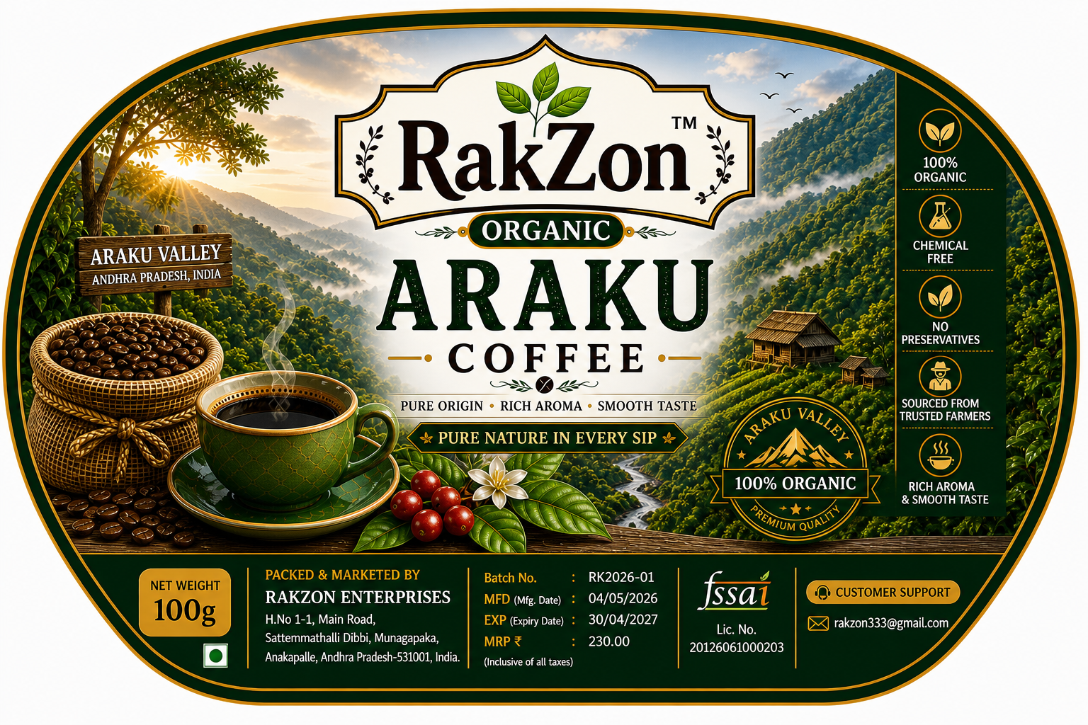RakZon Organic Araku Coffee Powder – 100% Pure & Natural, Farm-Fresh, Directly Sourced from Araku Valley Farmers