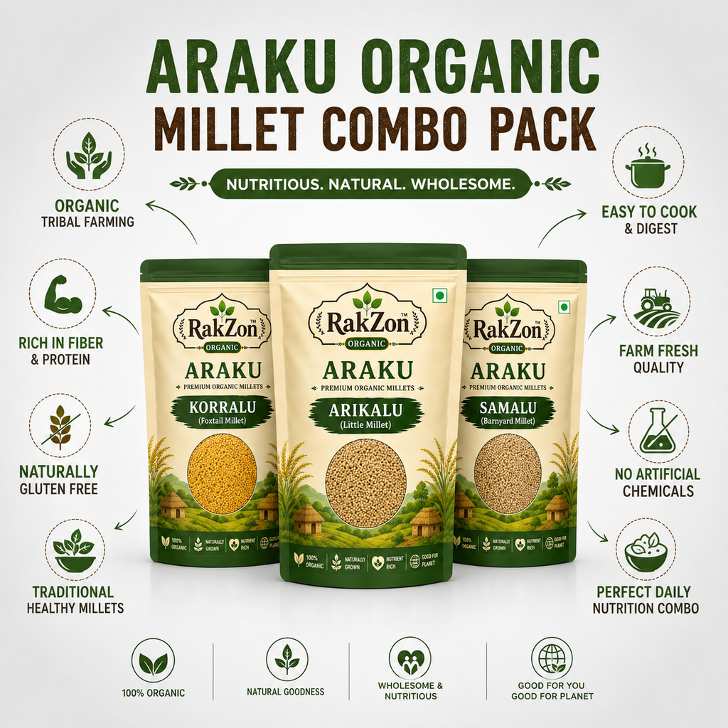 RakZon Organic Millets Combo Pack – Korralu, Arikalu & Saamalu | Natural Araku Valley Millets | Healthy Fiber Rich Traditional Grains | No Preservatives | Combo Pack of 3
