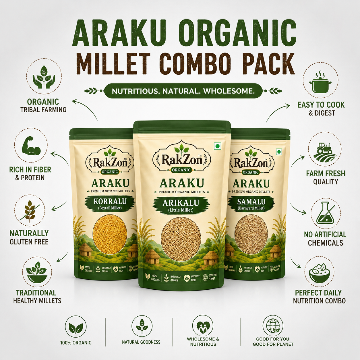 RakZon Organic Millets Combo Pack – Korralu, Arikalu & Saamalu | Natural Araku Valley Millets | Healthy Fiber Rich Traditional Grains | No Preservatives | Combo Pack of 3
