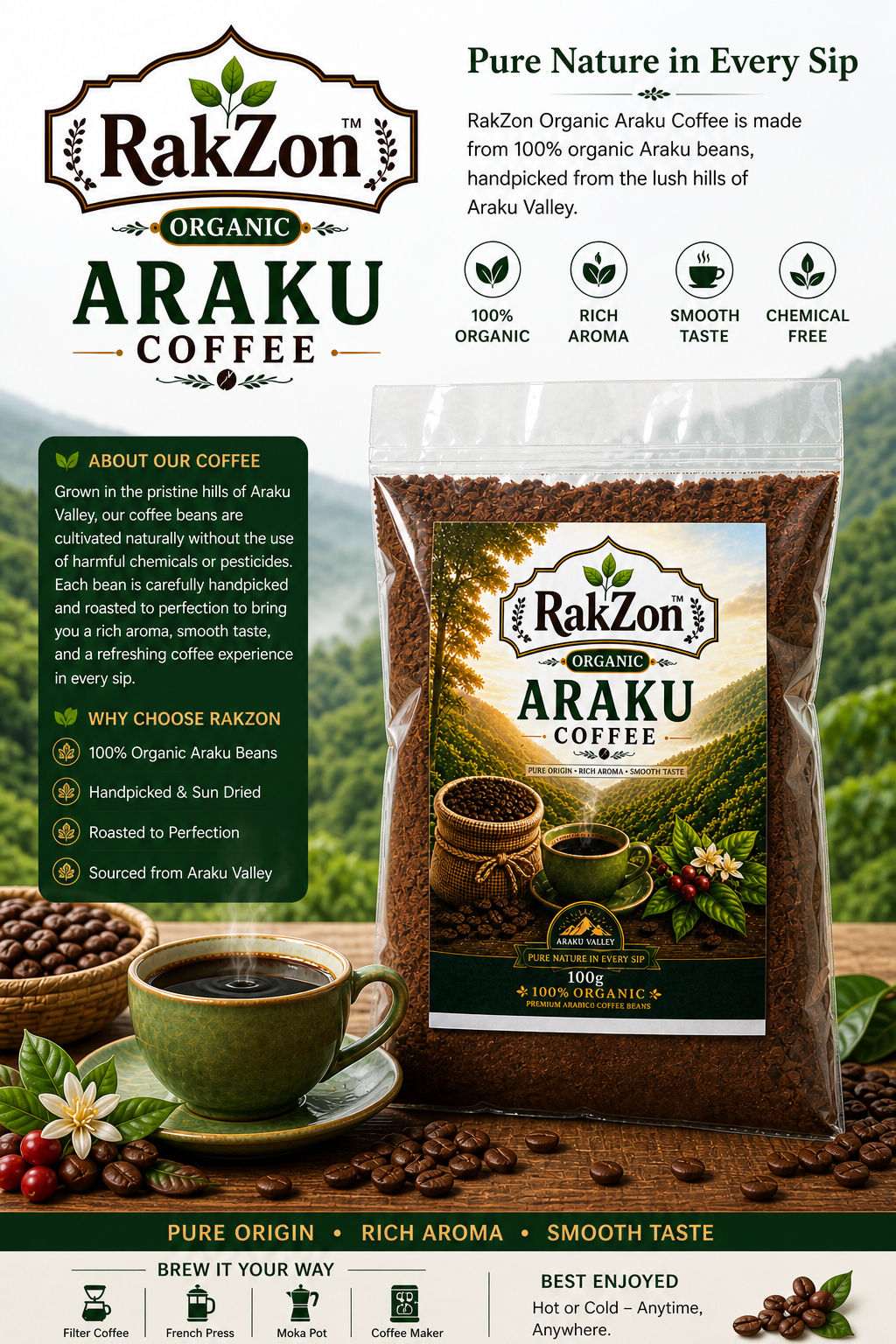 RakZon Organic Araku Coffee Powder – 100% Pure & Natural, Farm-Fresh, Directly Sourced from Araku Valley Farmers