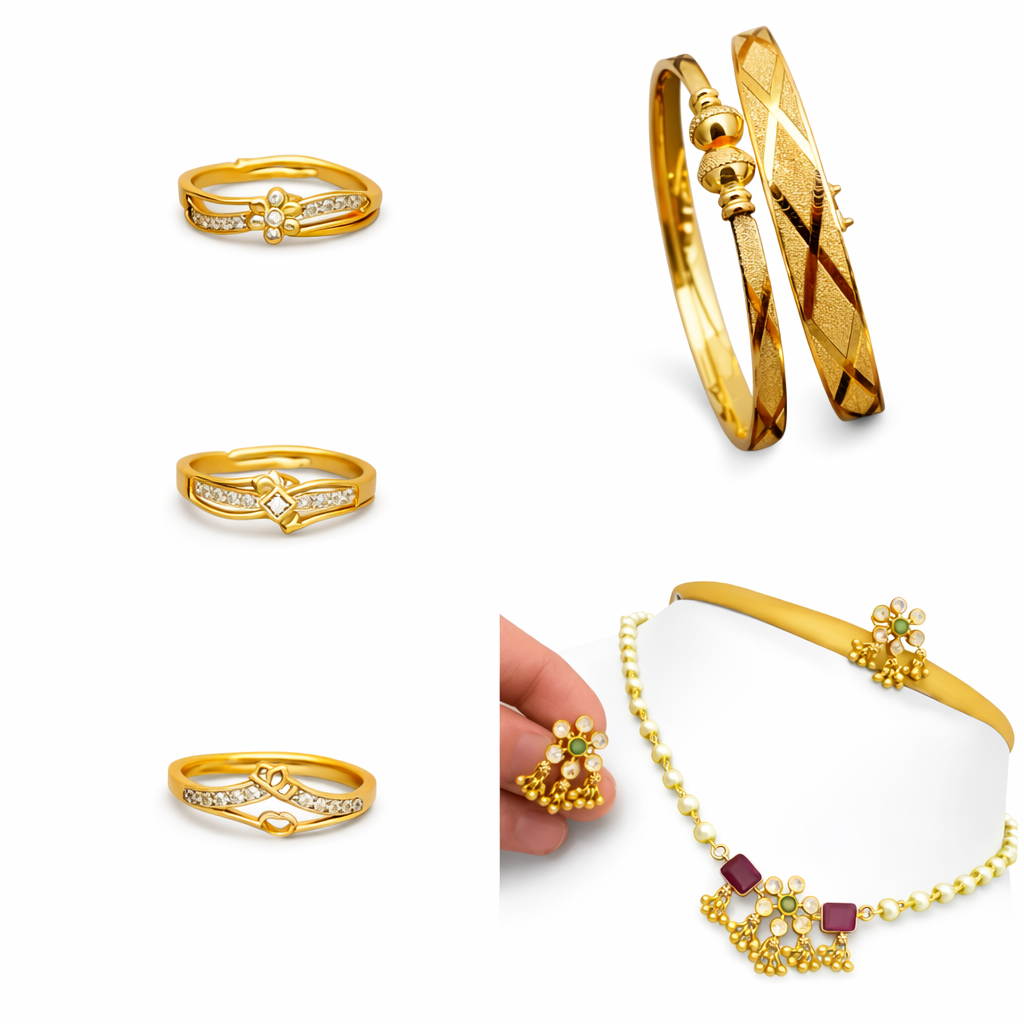 A Gold Plated PackOf 1 - Bangle & 3 - Ring & 1 Jewellery set For Women & Girls