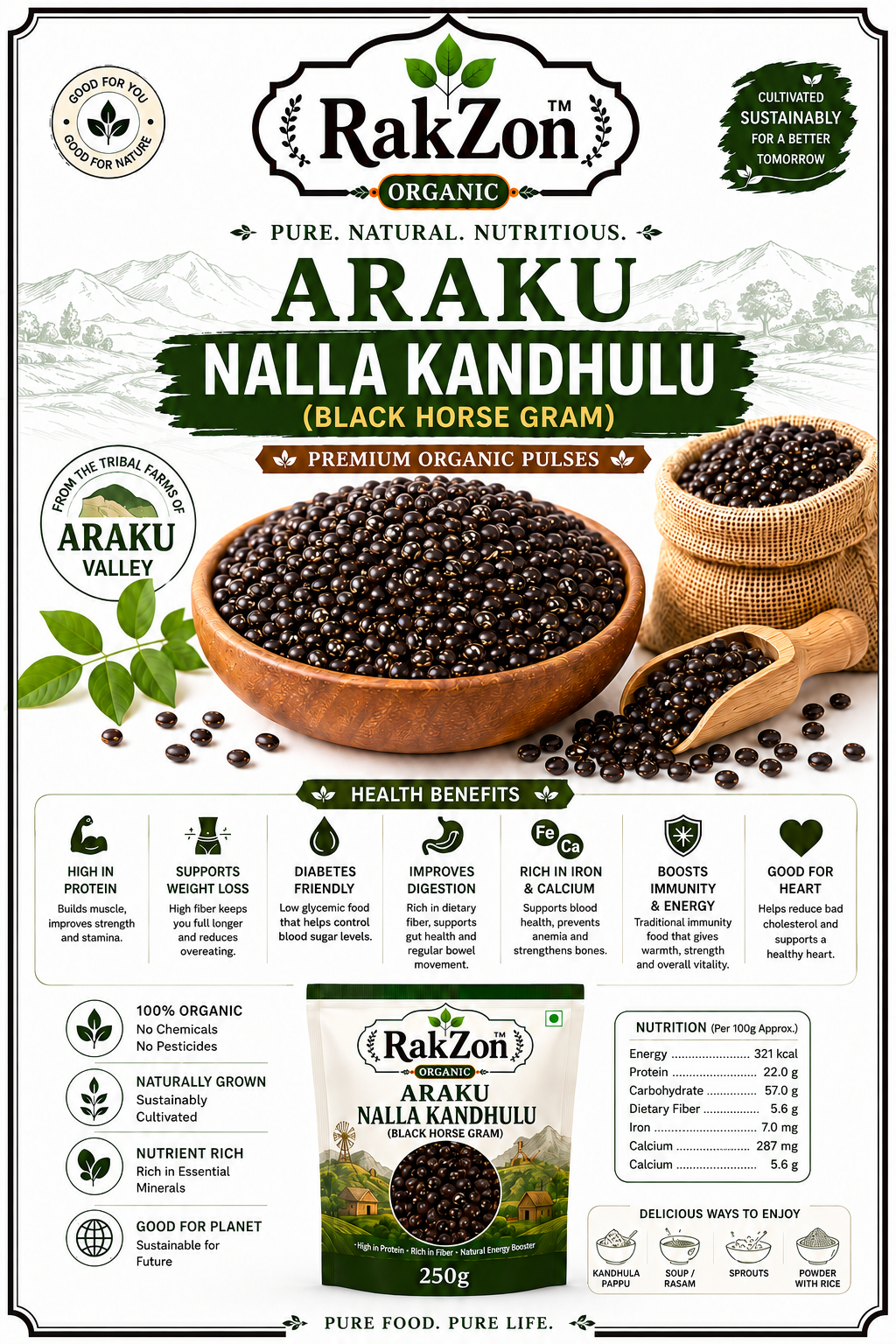 RAKZON Organic Nalla Kandhulu | Premium Black Horse Gram | Natural, Unpolished & Protein Rich | Direct From Araku Farmers