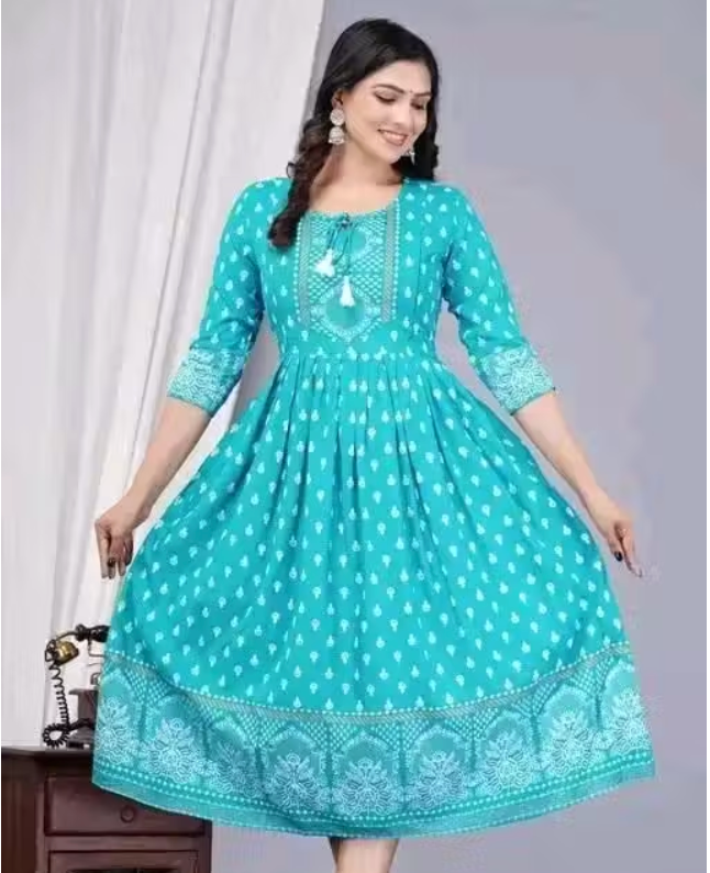 Aqua Blue Floral Anarkali Kurti