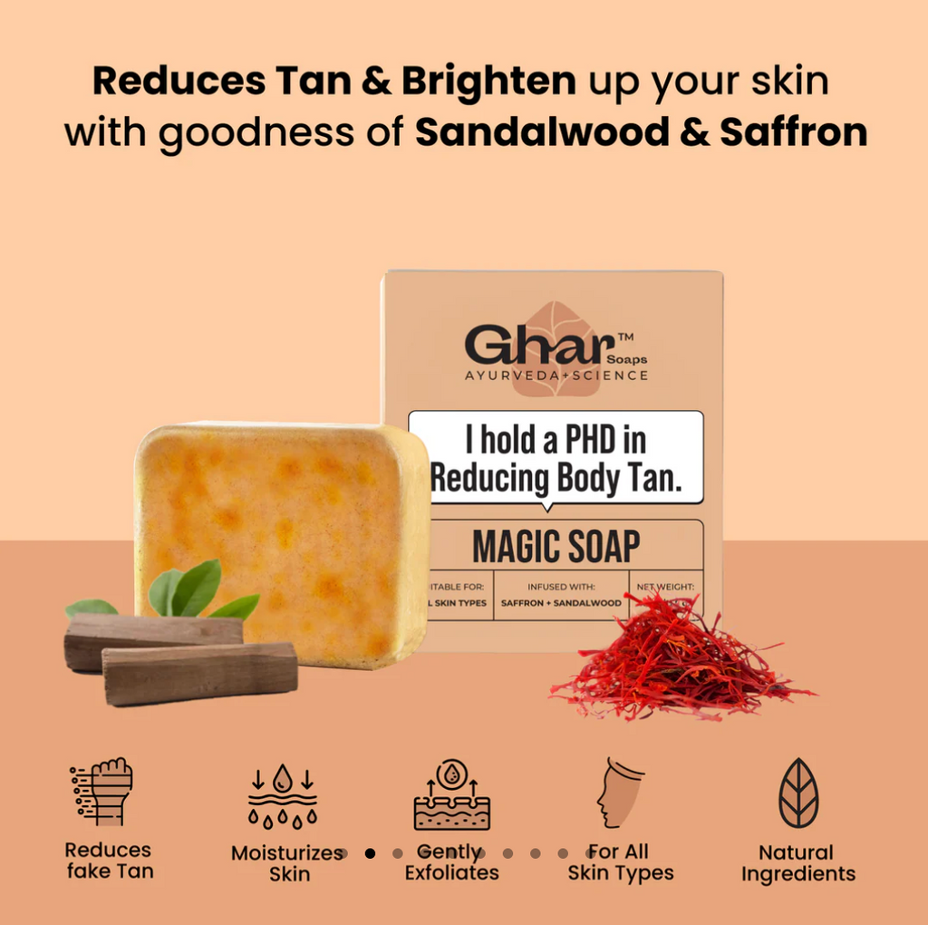 Ghar Magic Soaps ( Pack of 1 ) (100 Gms ) Sandalwood & Saffron Magic Soaps For Bath | Paraben Free | Handmade Soaps For Glowing | Skin Brightening Soap For Men & Women