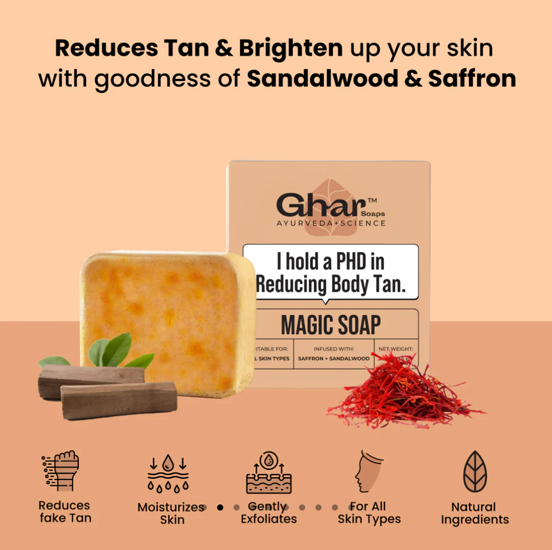 Ghar Magic Soaps ( Pack of 1 ) (100 Gms ) Sandalwood & Saffron Magic Soaps For Bath | Paraben Free | Handmade Soaps For Glowing | Skin Brightening Soap For Men & Women