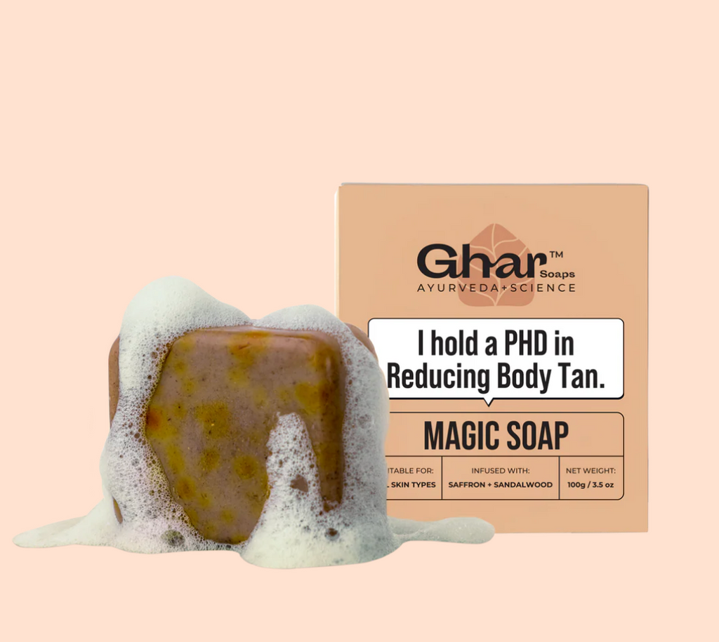 Ghar Magic Soaps ( Pack of 1 ) (100 Gms ) Sandalwood & Saffron Magic Soaps For Bath | Paraben Free | Handmade Soaps For Glowing | Skin Brightening Soap For Men & Women