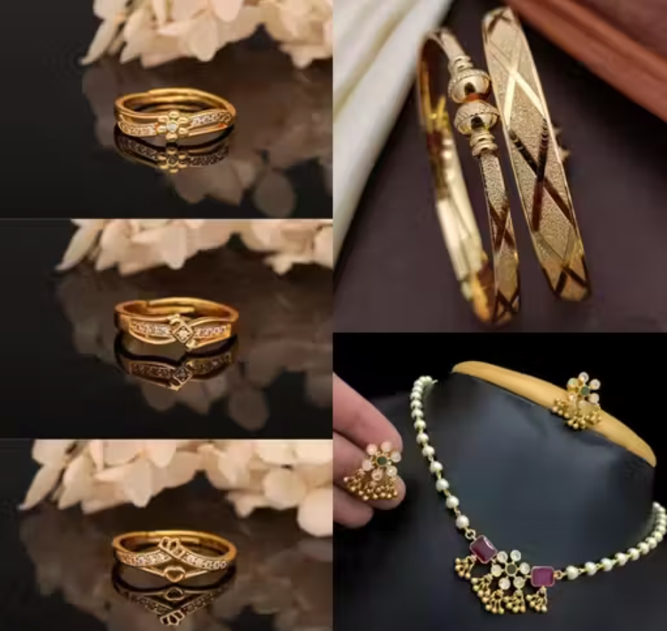 A Gold Plated PackOf 1 - Bangle & 3 - Ring & 1 Jewellery set For Women & Girls