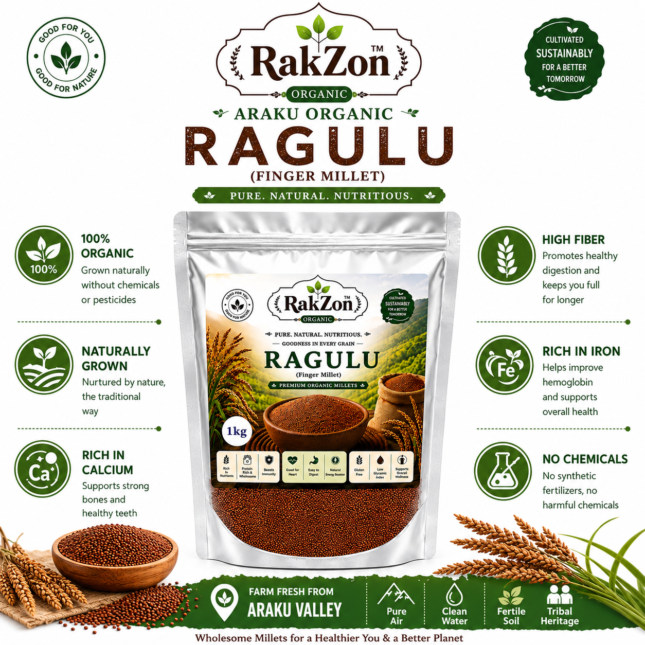 RakZon Organic Ragulu Millet 1Kg (Finger Millet / Ragi) from Araku Valley | Natural Unpolished Ragi Grain | Rich in Calcium, Fiber & Iron | Healthy Traditional Millet