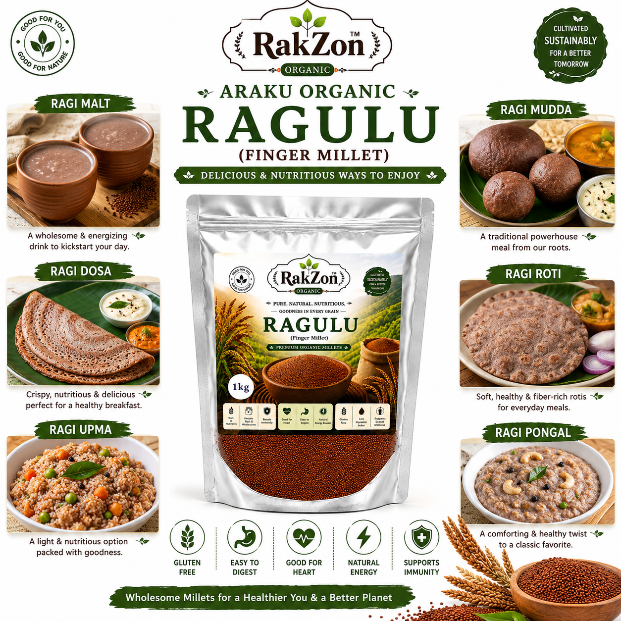 RakZon Organic Ragulu Millet 1Kg (Finger Millet / Ragi) from Araku Valley | Natural Unpolished Ragi Grain | Rich in Calcium, Fiber & Iron | Healthy Traditional Millet