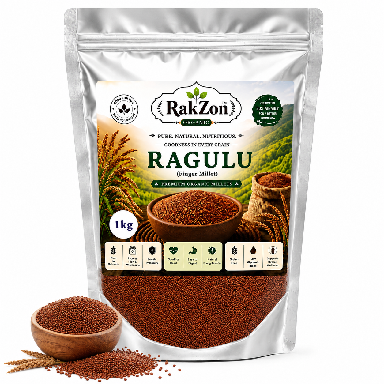RakZon Organic Ragulu Millet 1Kg (Finger Millet / Ragi) from Araku Valley | Natural Unpolished Ragi Grain | Rich in Calcium, Fiber & Iron | Healthy Traditional Millet